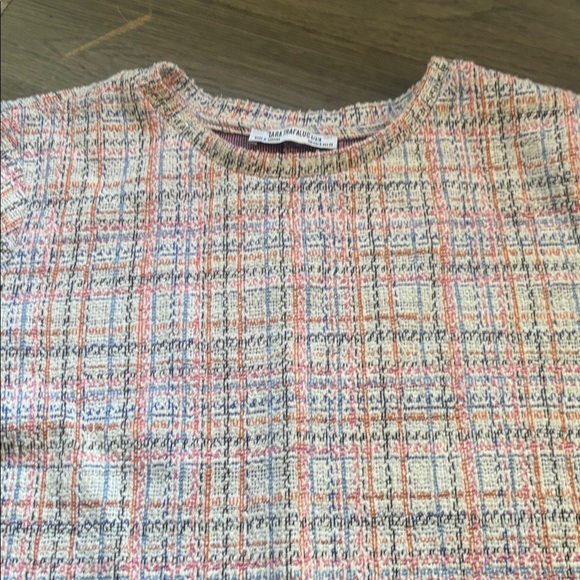 Zara |White Multicolor Pastel Tweed Fringe Frayed Hem Pearl Button Shift Dress S - Picture 7 of 15